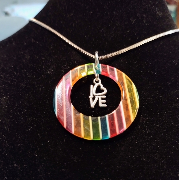 Vintage Handmade Rainbow Color Block Love Pride Silver Necklace Resin Pendant - Picture 3 of 10